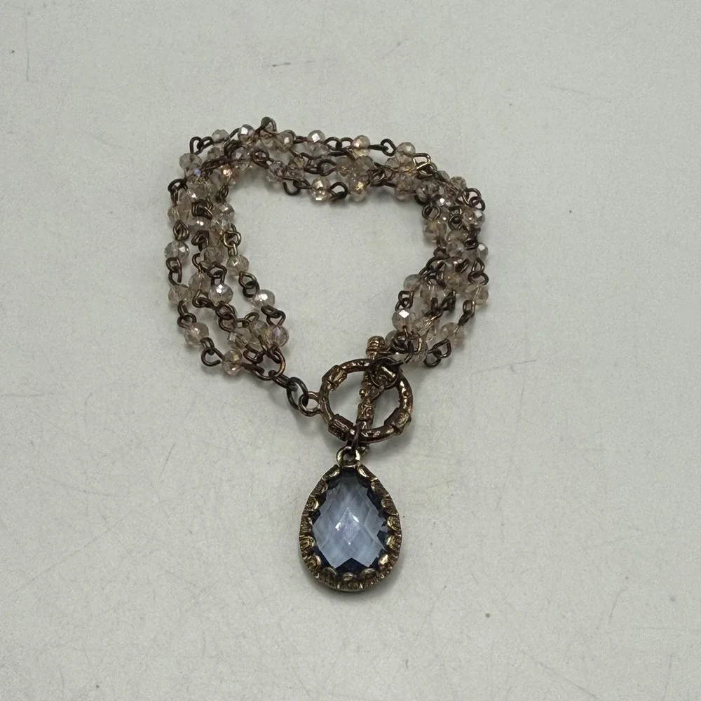 Vintage Style Multi Strand Beaded Toggle Bracelet Blue Teardrop Pendant Bronze
